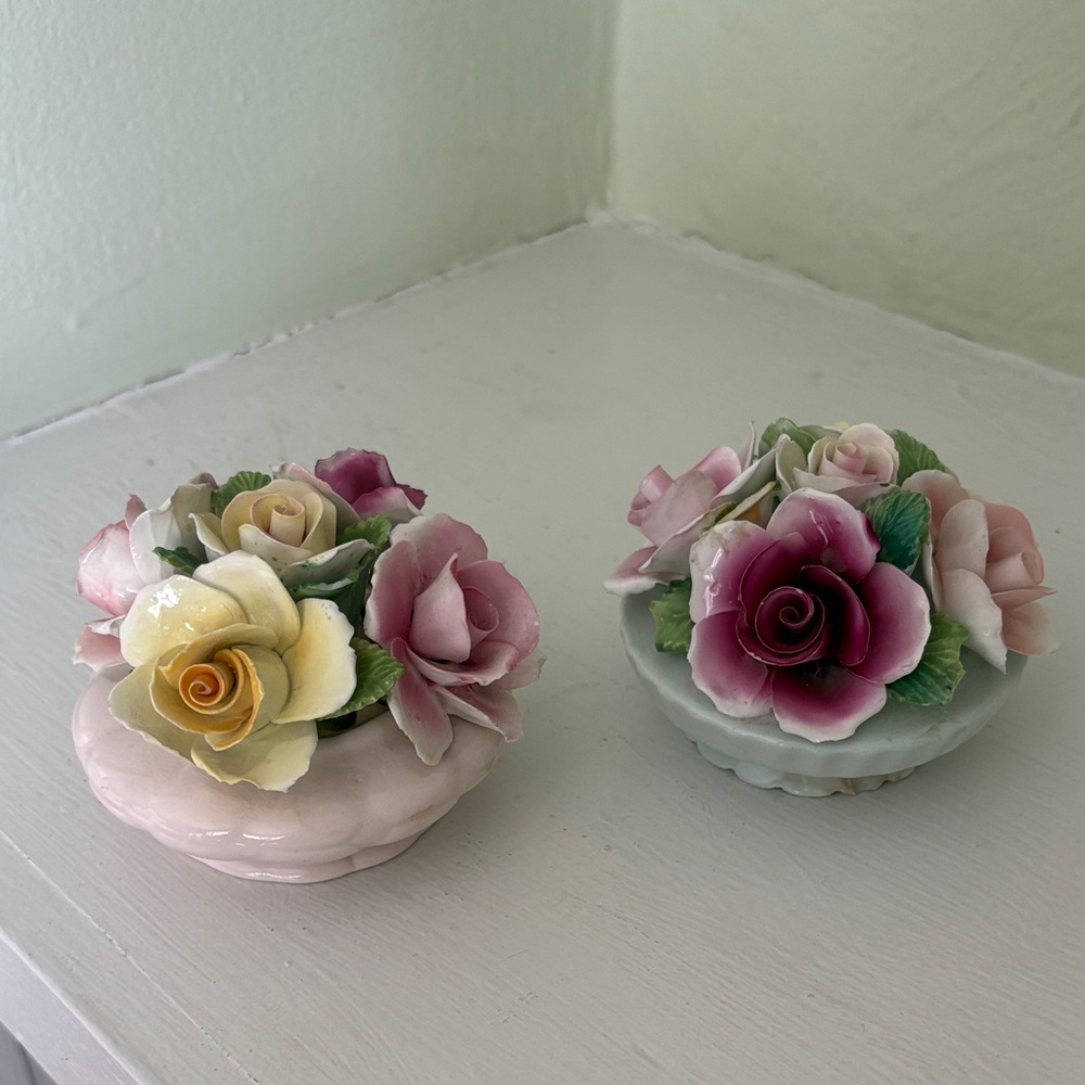 English Bone China Floral pieces Pink & Blue dish base Antiques from Bermuda